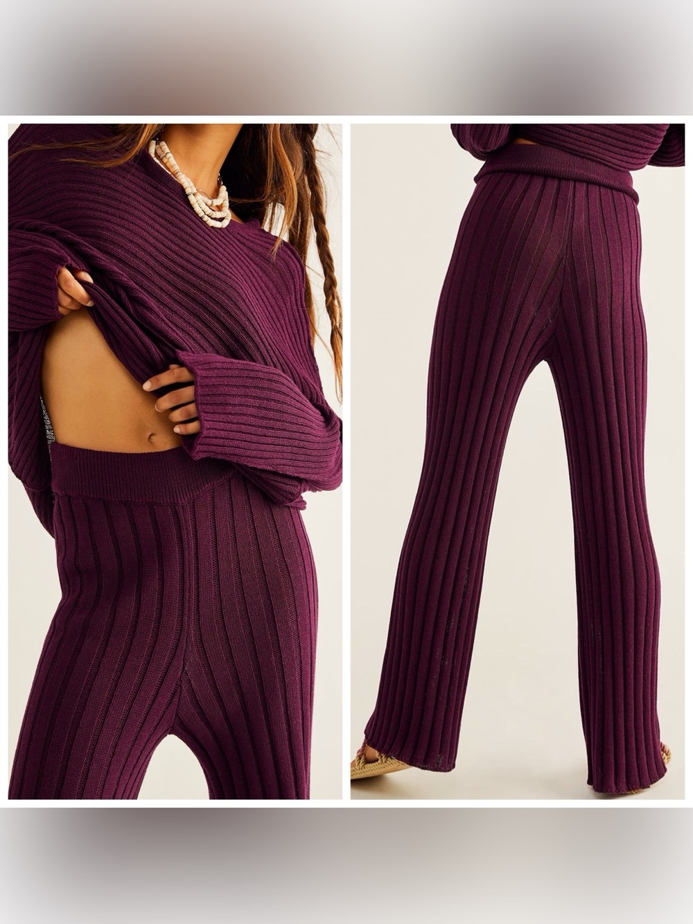 Ribbed Wide-Leg Knit Pants in Burgundy